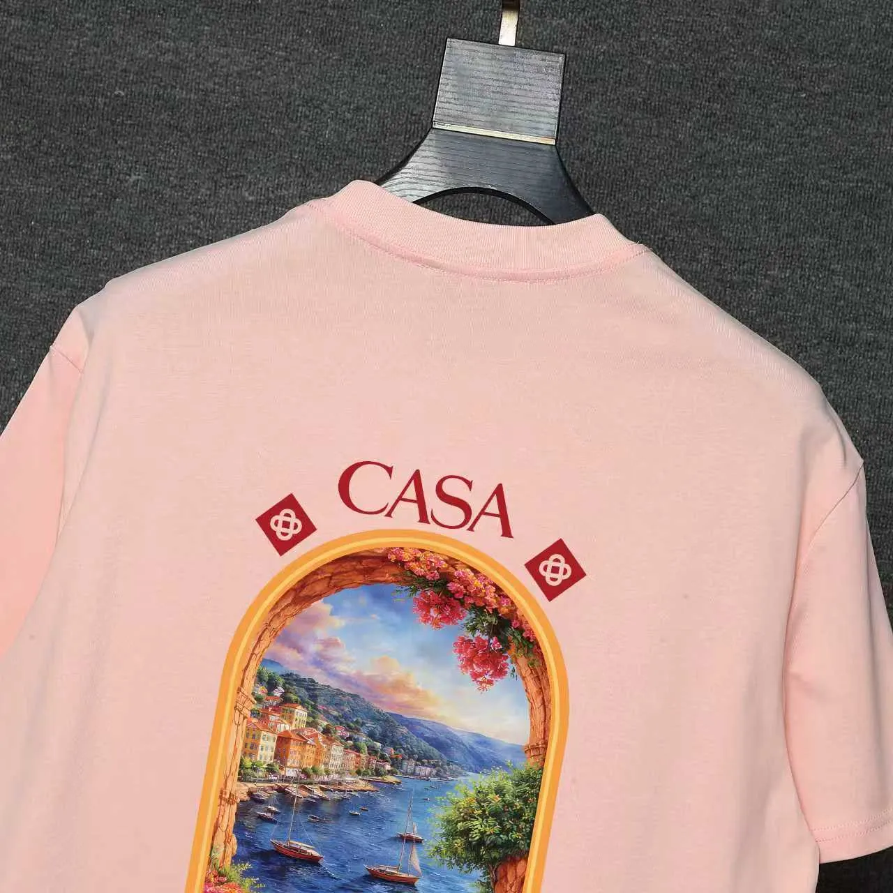 26ss CASABLANCA original printing process short-sleeved T-shirt original development using high-density double yarn pure cotton fabric upper body soft and comfortable color Black White Dark Green color Orange Pink Blue Royal Blue color cigarette powder 8 colors Sizes S M L XL